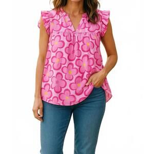 NEW TRENDSI tulip ruffled printed notched cap sleeve blouse in fuchsia pink